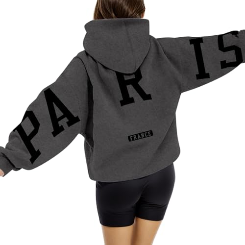 Generisch Paris Pullover Damen Oversize Kapuzenpullover Briefe Backprint Hoodie Rundhals Pulli mit Taschen Fallen Winter Sweatjacke Casual Fitness Training Basic Kapuzenjacke Langarmshirt von Generisch