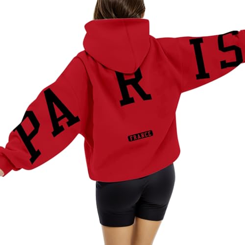 Generisch Paris Pullover Damen Oversize Kapuzenpullover Briefe Backprint Hoodie Rundhals Pulli mit Taschen Fallen Winter Sweatjacke Casual Fitness Training Basic Kapuzenjacke Langarmshirt von Generisch