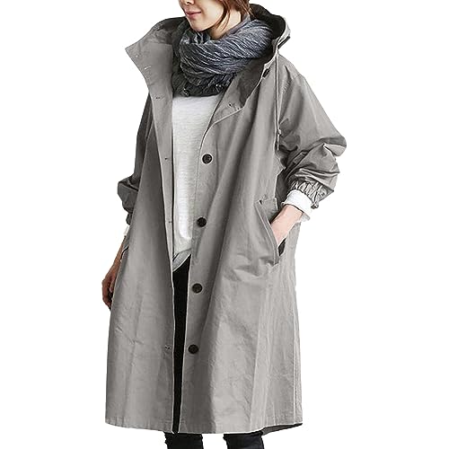 Generisch Parka Damen Windbreaker Elegant Langarm Lange Jacke mit Kapuze Übergangsjacke Atmungsaktiv Parka Leichte Herbst Mantel von Generisch