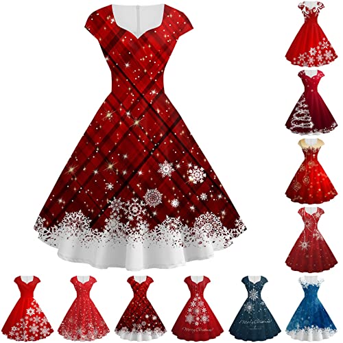 Generisch Kleid Damen Weihnachten, Gedruckt Kurze Ärmel V-Ausschnitt Rüschensaum Kleider Vintage 1950Er Hepburn Weihnachtskleid Rote Rockabilly Weihnachten Weihnachtskleider (3XL, Wine) von Generisch