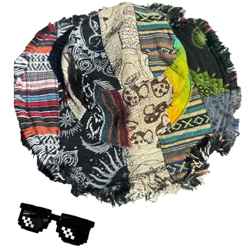Generisch Patchwork Multicolored Mushroom Hemp Hat with Hidden Pocket Fedorahats Wide Brim Bucket Hat Hippie Sunhat for Holiday Beach for Women Men (Style-C) von Generisch