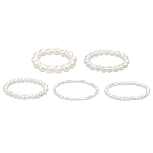 5 Stück Perlenarmband Damen Set – Weiß Elastisch Stretch – Kunstharz Perlen in 5 Größen – Elegantes Perlenarmband für Hochzeit, Party, Aufführung, Festliche Anlässe von Generisch