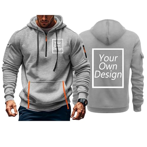 Generisch Personalisierte 1/4 Zip Hoodie Herren Pullover Selbst Gestalten Sweatshirt Hoody mit Kapuze Freizeit Kapuzenpullover Bedrucken Lassen Kapuzenpulli Männer Winter Herbst Pulli mit Foto Grau M von Generisch