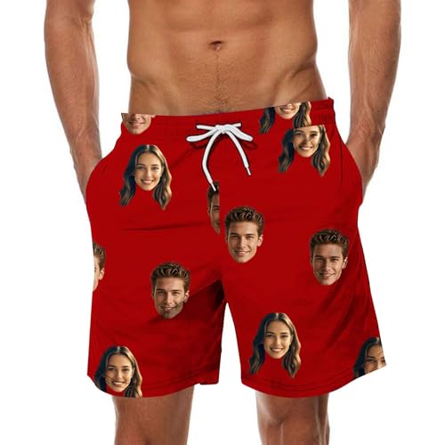 Generisch Personalisierte Badehose Herren Lustige Badeshorts Schnelltrocknend Kurzen Strandhose Männer mit Gesicht Foto Sommer Hawaii Shorts Große Größen Schwimmhose mit Farbverlauf Rot XXL von Generisch