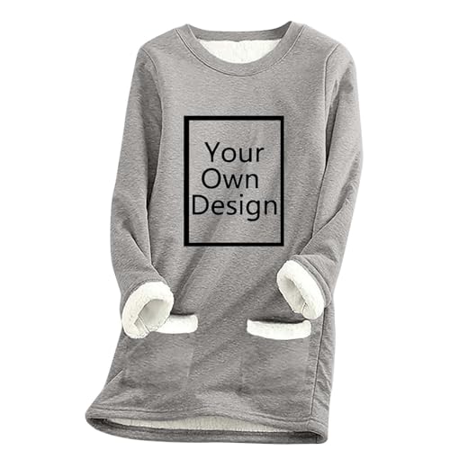 Generisch Personalisierte Fleecepullover Damen Warme Pullover Selbst Gestalten mit Foto Pullidecke Oversize Kuschelpullover mit Taschen Sweatshirt ohne Kapuze Herbst Casual Winter Oberteil Grau XL von Generisch