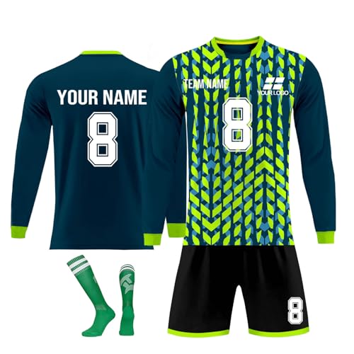 Generisch Personalisierte Fussball Trikot Set, Personalisierte Lange Ärmel Fußball Trikot mit Eigenem Namen Nummer und Logo Kinder/Erwachsene, Fussball Trikot Shorts Socken AGreen, 2 Jahre von Generisch