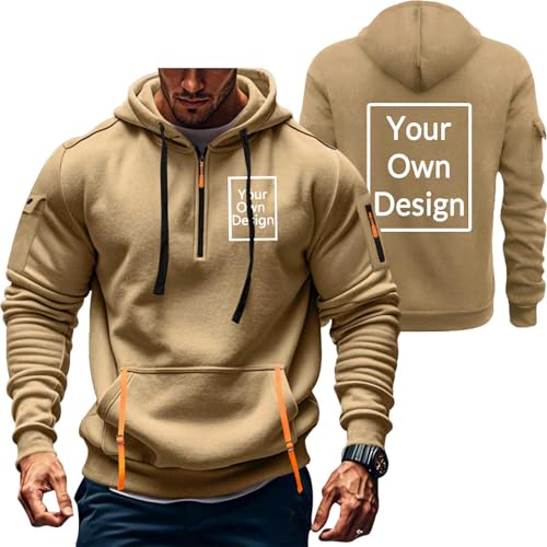 Generisch Personalisierte Hoodie Zipper Herren Warm Pullover Selbst Gestalten mit Foto Kapuzenpullover Oversize Winter Kapuzenjacke Casual Sweatjacke Pulli Outdoor Sweatshirt mit Taschen Khaki XL von Generisch