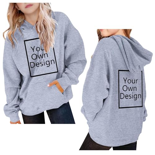 Generisch Personalisierte Kapuzenpullover für Jungen/Mädchen Hoodie Kinder Selbst Gestalten mit Foto und Text Bedrucken Lassen Casual Pullover Teenager Sweatshirt Custom Oberteile Grau 160 von Generisch