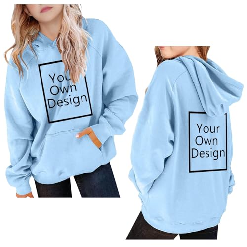 Generisch Personalisierte Kapuzenpullover für Jungen/Mädchen Hoodie Kinder Selbst Gestalten mit Foto und Text Bedrucken Lassen Casual Pullover Teenager Sweatshirt Custom Oberteile Hellblau 160 von Generisch
