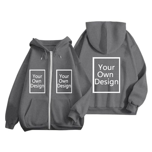 Generisch Personalisierte Sweatjacke Damen mit Kapuze Hoodie Zipper mit Foto Bedrucken Kapuzenpullover Casual Pullover Selbst Gestalten Lustige Sweater Elegant Kapuzenjacke mit Aufdruck Dunkelgrau S von Generisch