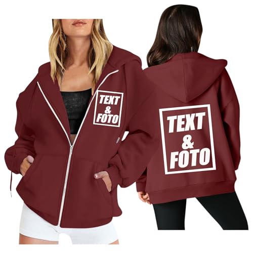 Generisch Personalisierte Sweatjacke Damen mit Kapuze Hoodie Zipper mit Foto Bedrucken Kapuzenpullover Casual Pullover Selbst Gestalten Lustige Sweater Elegant Kapuzenjacke mit Aufdruck Weinrot M von Generisch