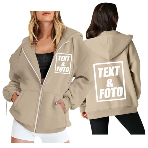 Generisch Personalisierte Sweatjacke Damen mit Kapuze Hoodie Zipper mit Foto Bedrucken Kapuzenpullover Pullover Selbst Gestalten Lustige Sweater Elegant Kapuzenjacke Herbst Oberteile Beige XXL von Generisch