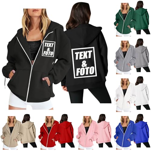 Generisch Personalisierte Sweatjacke Damen mit Kapuze Hoodie Zipper mit Foto Bedrucken Kapuzenpullover Pullover Selbst Gestalten Lustige Sweater Elegant Kapuzenjacke Herbst Oberteile Schwarz XL von Generisch