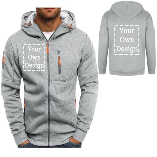 Generisch Personalisierte Sweatjacke Herren mit Kapuze Hoodie Zipper Selbst Gestalten mit Foto und Text Pullover Personalisiert Casual Kapuzenpullover Kapuzenjacke Herbst Oberteile Grau 3XL von Generisch