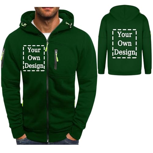 Generisch Personalisierte Sweatjacke Herren mit Kapuze Hoodie Zipper Selbst Gestalten mit Foto und Text Pullover Personalisiert Casual Kapuzenpullover Kapuzenjacke Herbst Oberteile Grün XXL von Generisch