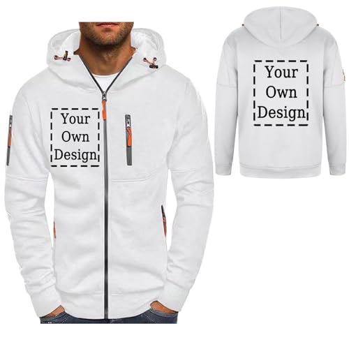 Generisch Personalisierte Sweatjacke Herren mit Kapuze Hoodie Zipper Selbst Gestalten mit Foto und Text Pullover Personalisiert Casual Kapuzenpullover Kapuzenjacke Herbst Oberteile Weiß 3XL von Generisch