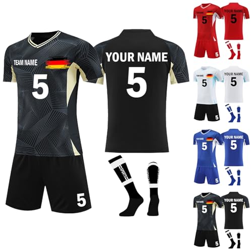 Generisch Personalisiertes Trikot Set Kinder Erwachsene mit Namen Nummer Team und Logo Kinders Erwachsene Personalisierte Fußballtrikot Trikot Shorts und Socken Set F Black, 2 Jahre von Generisch