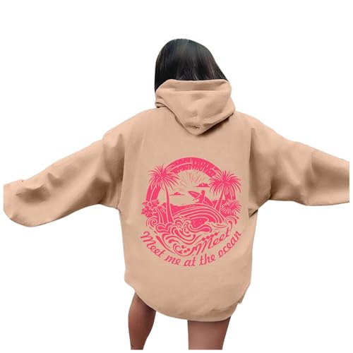 Generisch Hoodie Damen Oversize Sweatshirt Rückendruck Pullover mit Kapuze Langarm Kapuzenpullover Übergangs Hoody Y2K Streetwear für Mädchen Hoodies Rosa College Sweatshirt Pinkpalm (Khaki, S) von Generisch