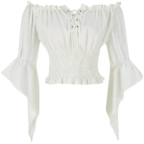 Generisch Piraten Kostüm Frauen,Viktorianische Bluse Damen Langarm - Mittelalter Kleidung Gothic Langarm Off Shoulder Corsett Top Viktorianisches Renaissance Kostüm Pirate Mittelalter Shirt von Generisch
