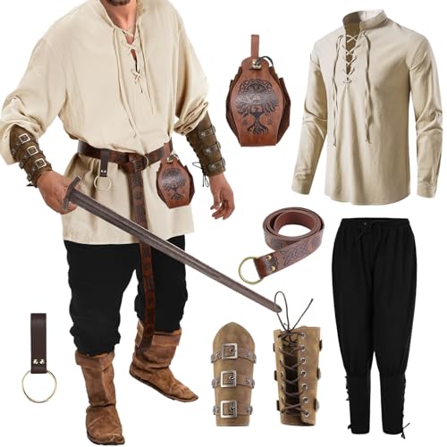 Generisch PiratenkostüM Herren,Wikinger Kleidung Und KostüMe Halloween KostüM Herren Leinen Hemden Herren KostüM Mittelalter Herren Gothic Herren Kreuzritter Tunika Herren von Generisch