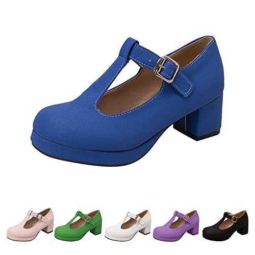 Generisch Plateau Pumps Damen Blockabsatz - Riemchensandalen Mit Schnalle Cosplay High Heels T-Riemen Mary Jane Schuhe Runde Spitze Kleidschuhe Elegante Stöckelschuhe Slip-On Absatzschuhe von Generisch