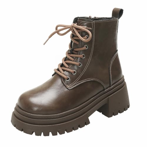 Generisch Plateau Stiefel Damen Rutschfest Lederstiefel Stiefeletten - Seitlicher ReißVerschluss High Heel Kurzstiefel Halbstiefel Vintage Round Toe Schlupfstiefel Motorradstiefel Cowboystiefel von Generisch