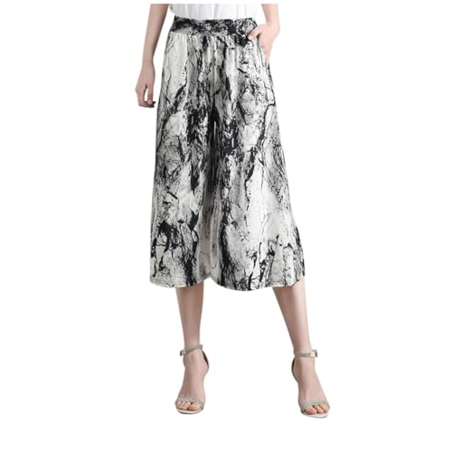 Generisch Plissee Hose Damen, Culotte Damen 7/8 Sommer Hosenrock Blumendruck Leicht Palazzo Hose High Waist Baggy Sommerhose Freizeithose Hippie Lockere Yogahose Strandhose von Generisch