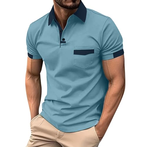 Generisch Polo Shirt, Herren Kurzarm Einfarbige Polohemd Bequemes Hochwertig Stilvoll Modisch Mit Tasche Poloshirt (XL, Light Blue) von Generisch