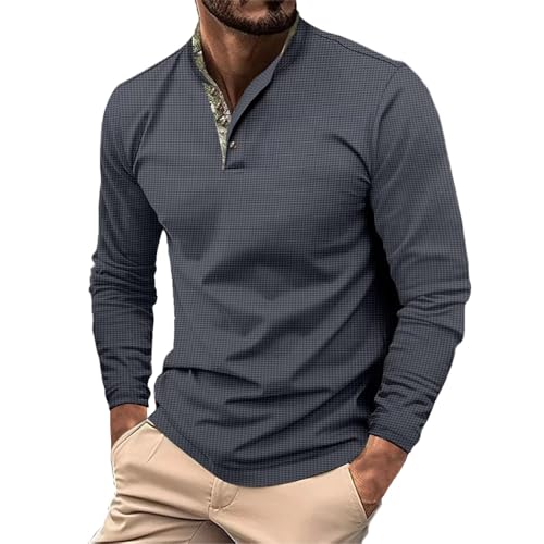 Generisch Polo Shirts Für Herren Langarm Waffelmuster Poloshirt Mit Button-down-Kragen Hemd Mode Henley Oberteile Sweatshirts Camisa Polo para Hombre(Grey, M) von Generisch
