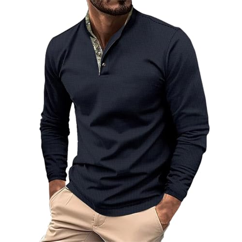 Generisch Polo Shirts Für Herren Langarm Waffelmuster Poloshirt Mit Button-down-Kragen Hemd Mode Henley Oberteile Sweatshirts Camisas para Hombres Polo(Navy, M) von Generisch
