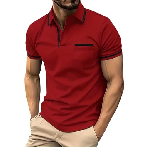 Generisch Poloshirt Herren, Kurzarm Golf Poloshirts Einfarbige Ausschnitt Basic T-Shirt Polohemd Sommer Mit Tasche (XL, Red) von Generisch