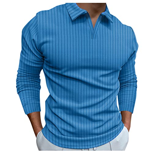 Generisch Poloshirt Herren Langarm Basic Denim Nähen Casual Baumwolle Golf Tennis Poloshirts Poloshirt Herren Hellblau Tshirt Herren Weiss Rundhals Langarm von Generisch
