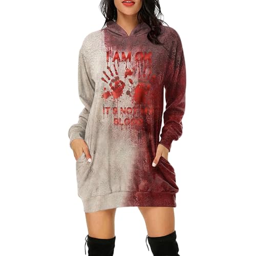 Generisch Problem Gelöst Halloween Hoodie Damen Oversize Kapuzenpullover Bedruckt Blood Langarm Kapuzenpulli Blut Verletzung Casual Pullover mit Taschen Blutspritzer Muster Oberteil von Generisch