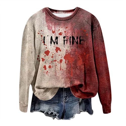Generisch Problem Gelöst Halloween Kostüme Damen I'm Ok It's Not My Blood Print Langarmshirt Rundhals Bluse Pullover mit Blutigem Muster Wunde Soft Locker Pulli Winter Oberteile Halloween Kostüme (S) von Generisch