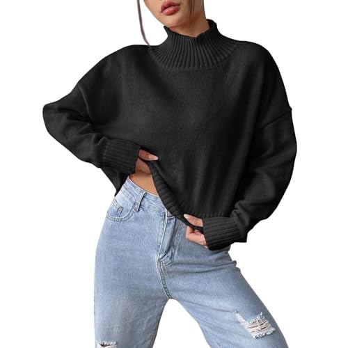 Generisch Pulli Damen Rollkragen Pullover Damen Elegant Kurz Strickpullover Damen Grobstrick Bauchfrei Winterpulli Langarm Winterpullover Einfarbig Strickpulli Damen Winter Rollkragenpullover von Generisch