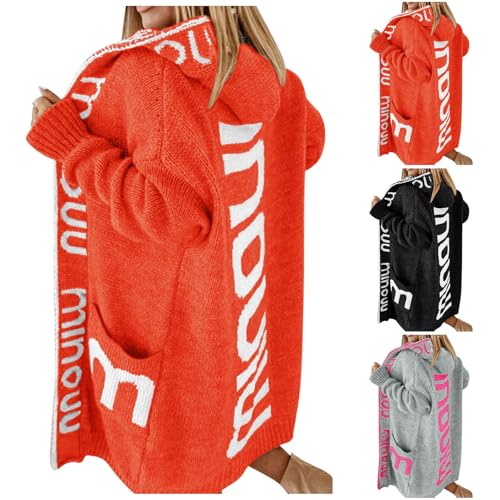 Generisch Pullover Damen Baumwolle elegant Herbst Winter v Ausschnitt, Damen Strickjacke Lang Cardigan Kapuzenpullover Grobstrickjacke Strickmantel mit Kapuze Orange XXL von Generisch