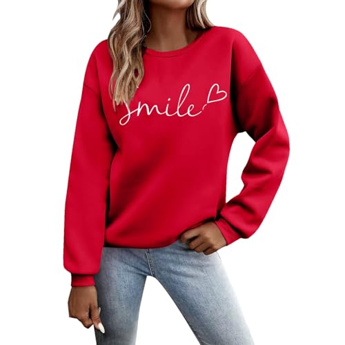 Generisch Pullover Damen Herbst Winter Sweatshirt Rundhals Langarm Pulli Frauen Oberteile Sweatshirts Ohne Kapuze Locker Casual Langarmshirt Weich Leicht Tops Warm Pullover Red M von Generisch