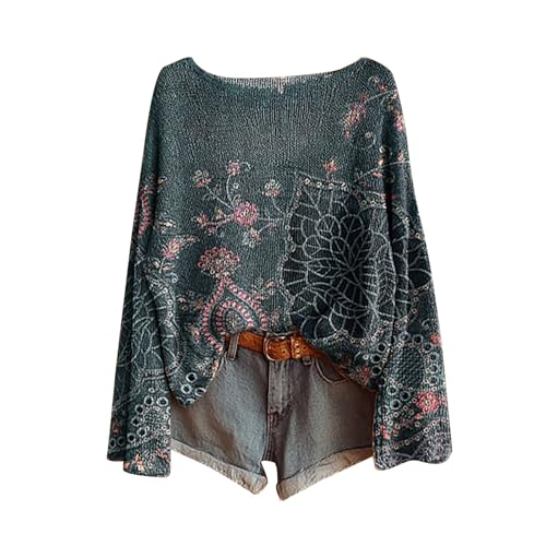 Generisch Pullover Damen Khaki Oliv,Boho Vintage Rundhals Strickpullover Damen Herbst Winter Casual Langarmshirt Floral Print Bequem Oberteil Bluse Trendiger Übergröße Strickwaren Pullover für Frauen von Generisch