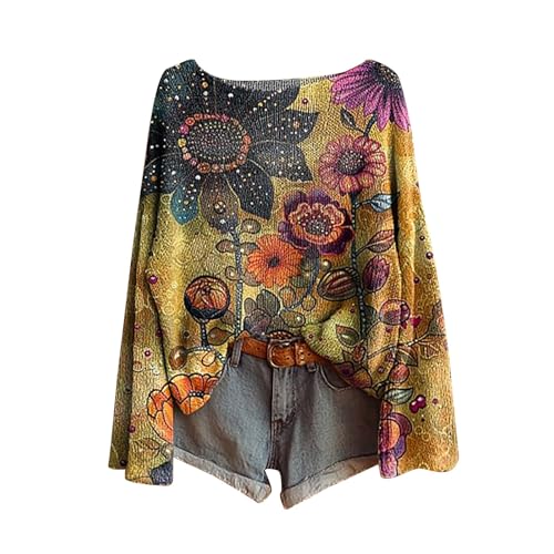 Generisch Pullover Damen Khaki Oliv,Boho Vintage Rundhals Strickpullover Damen Herbst Winter Casual Langarmshirt Floral Print Bequem Oberteil Bluse Trendiger Übergröße Strickwaren Pullover für Frauen von Generisch