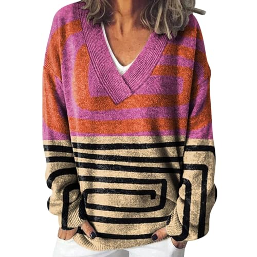 Generisch Pullover Damen Kurzarm/Langarm Elegant Herbst Winter Strickpullover Sweatshirt Winterpullover Oversize Hoodie Damen Oversize Pullover Damen Lang Baumwolle Streifen Pullover Damen Oversize von Generisch