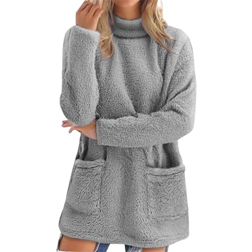 Generisch Pullover Damen Lang, Teddy Fleece Flauschig Pulli, Weich Winter Warm Sweatshirt Ohne Kapuze, Oversize Casual Langarm Fleecepulli, Lose Plüsch Pulli Tops, Lockeres Oberteile Mit Taschen von Generisch