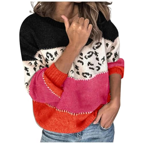 Generisch Pullover Damen Leopard Strickpullover Langarm Rundhals Sweater Patchwork Sweatshirt Winter Elegant Pulli Warme Lose Blusen Tops Oberteile Pullover & Strickjacken für Damen von Generisch