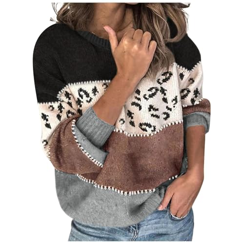 Generisch Pullover Damen Leopard Strickpullover Langarm Rundhals Sweater Patchwork Sweatshirt Winter Elegant Pulli Warme Lose Blusen Tops Oberteile Pullover & Strickjacken für Damen von Generisch