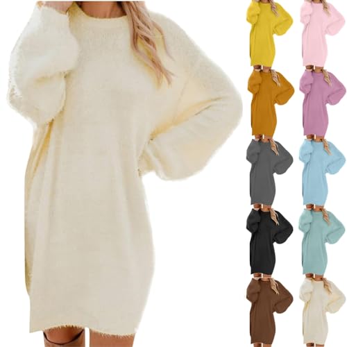 Generisch Pullover Damen Oversize Langarm Longpullover Mode Pulloverkleid Pullis Rundhals Strickkleid Wollkleid Winterkleid Freizeitkleid Black Friday 2024 Angebote(Beige,XXL) von Generisch