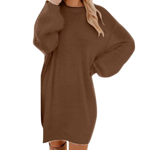 Generisch Pullover Damen Oversize Langarm Longpullover Mode Pulloverkleid Pullis Rundhals Strickkleid Wollkleid Winterkleid Freizeitkleid (Braun,S) von Generisch