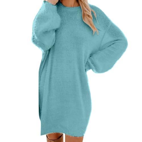 Generisch Pullover Damen Oversize Langarm Longpullover Mode Pulloverkleid Pullis Rundhals Strickkleid Wollkleid Winterkleid Freizeitkleid Black Friday 2024 Angebote(Cyan,XXL) von Generisch