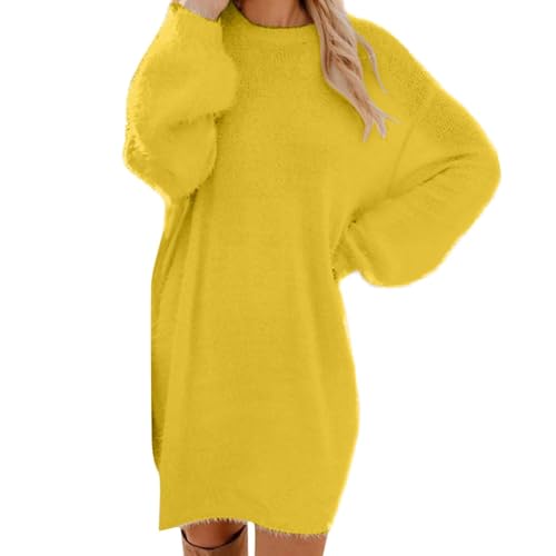Generisch Pullover Damen Oversize Langarm Longpullover Mode Pulloverkleid Pullis Rundhals Strickkleid Wollkleid Winterkleid Freizeitkleid Black Friday 2024 Angebote(Gelb,XL) von Generisch