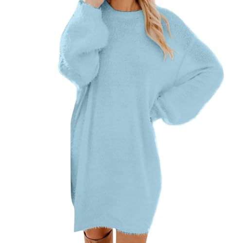 Generisch Pullover Damen Oversize Langarm Longpullover Mode Pulloverkleid Pullis Rundhals Strickkleid Wollkleid Winterkleid Freizeitkleid Black Friday 2024 Angebote(Himmelblau,3XL) von Generisch