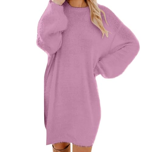 Generisch Pullover Damen Oversize Langarm Longpullover Mode Pulloverkleid Pullis Rundhals Strickkleid Wollkleid Winterkleid Freizeitkleid (Lila,M) von Generisch