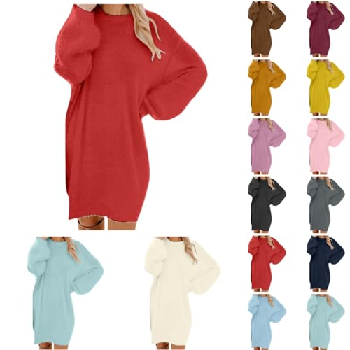 Generisch Pullover Damen Oversize Longpullover - Herbst Winter Pulloverkleid Lang Lose Strickkleid Damen Lässig Modische Wollkleid Knielang Dresses Langarm Warme Pullis Rundhals Elegante Winterkleid von Generisch